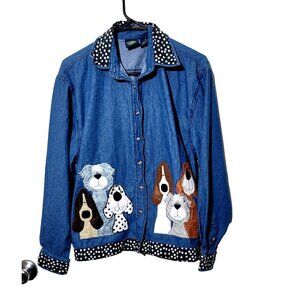 Vtg Lighthouse Apparel Top M Chambray Womens Button Embroidered Dogs 90s Retro